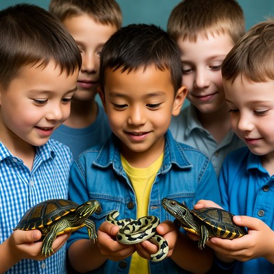 Boys holding turtles and snake