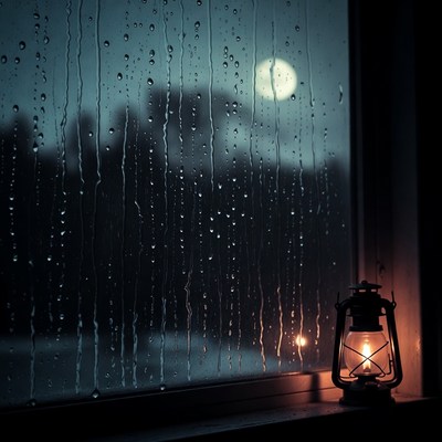 Lantern by Rainy Window with Moon