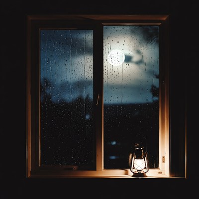 Lantern by Rainy Window with Moon