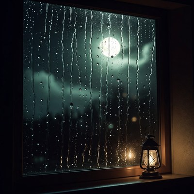 Rainy Window with Moon and Lantern