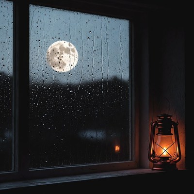 Full Moon Through Rainy Window with Lantern