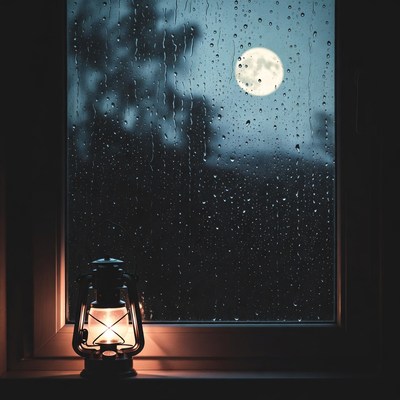 Lantern by Rainy Window with Moon