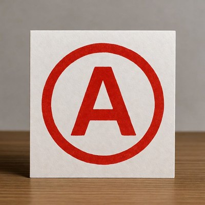 Red A in Circle on White Card