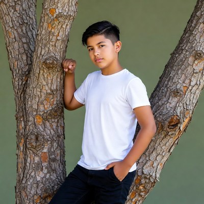 Latino boy leaning against tree