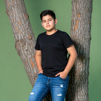 Latino boy leaning against trees
