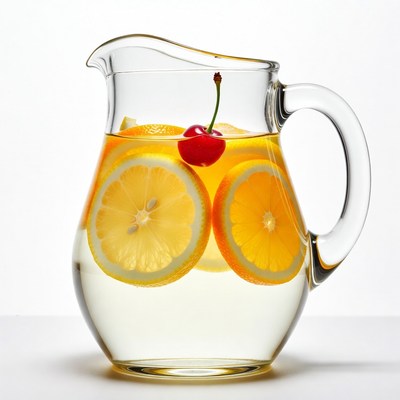 Glass pitcher with lemon slices and cherry