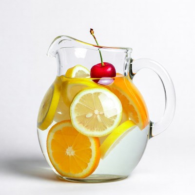 Glass pitcher with lemon orange cherry water