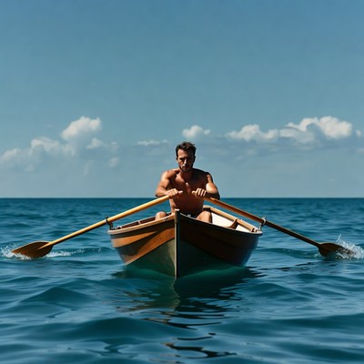 Man rowing wooden boat on ocean