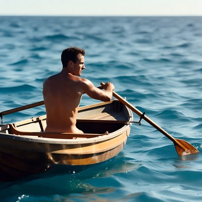 Man rowing boat shirtless on ocean