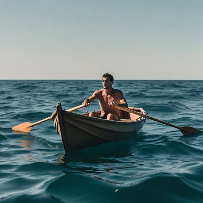 Man rowing wooden boat on ocean