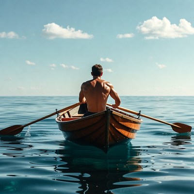 Muscular man rowing wooden boat