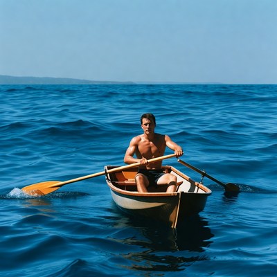 Man rowing wooden boat on sea