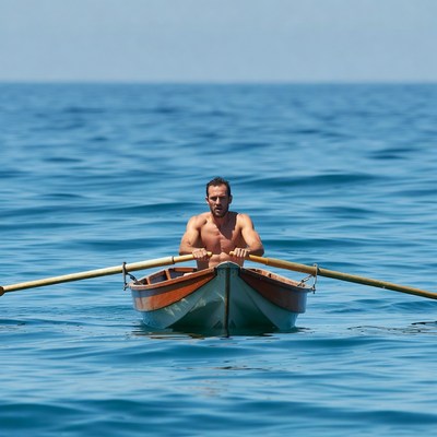 Man rowing wooden boat on sea