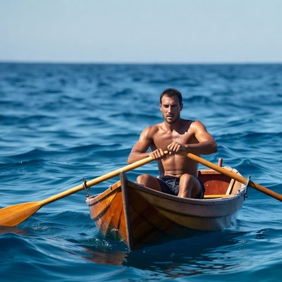 Man rowing wooden boat on sea