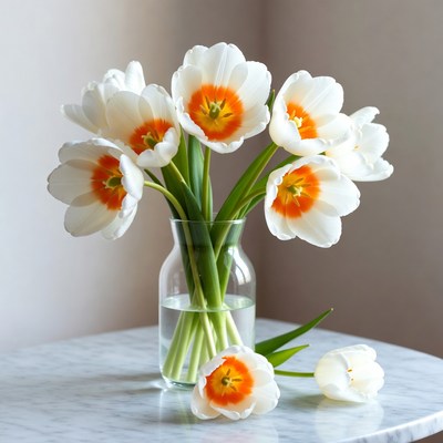 White Tulips with Orange Centers in Vase