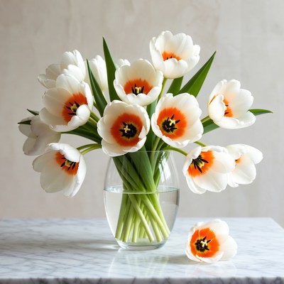 White Tulips with Orange Centers in Vase