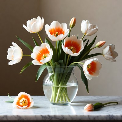 White Orange Tulips in Glass Vase