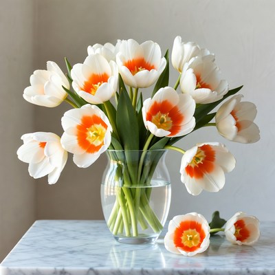 White Tulips with Orange Centers in Vase