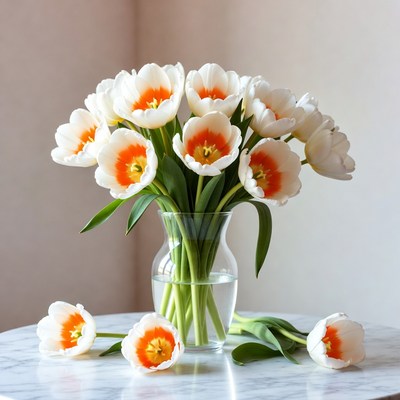 White Tulips with Orange Centers in Vase
