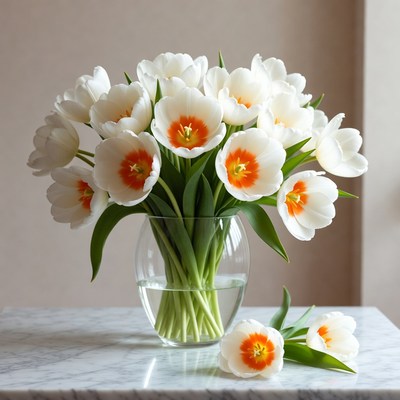 White Tulips with Orange Centers in Vase