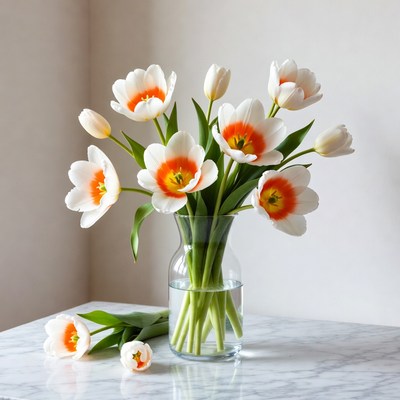 White Orange Tulips in Glass Vase