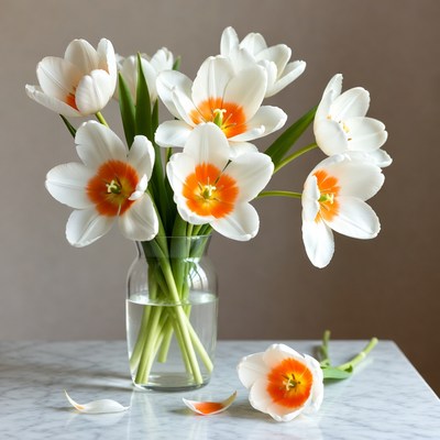 White Tulips with Orange Centers in Vase