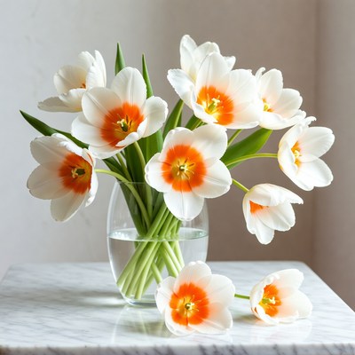 White Tulips with Orange Centers in Vase