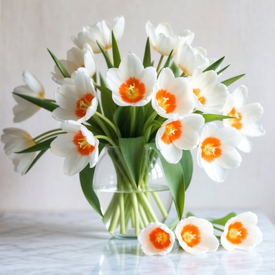 White Tulips with Orange Centers in Vase