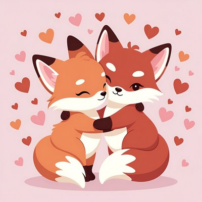 Cute foxes hugging with hearts