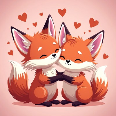 Cute foxes hugging with hearts