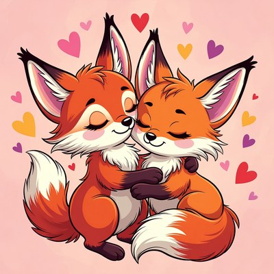 Cute foxes hugging with hearts