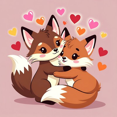 Cute foxes hugging with hearts