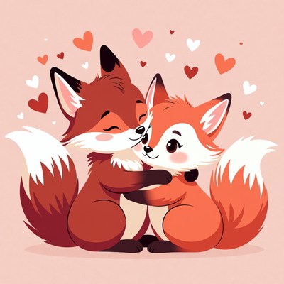 Cute foxes hugging with hearts