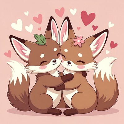 Cute foxes hugging with hearts