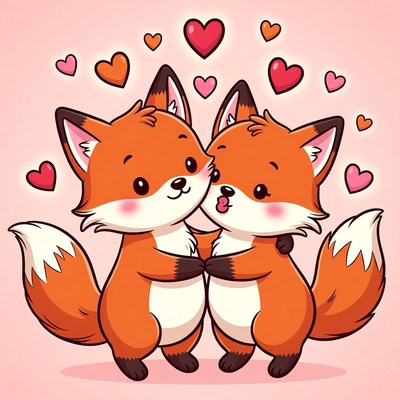 Cute foxes kissing with hearts