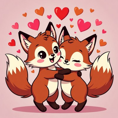 Cute Fox Couple Hugging with Hearts