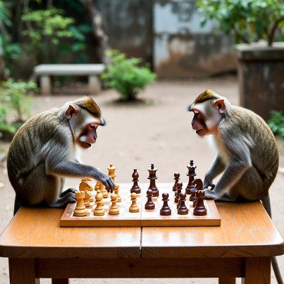Two monkeys playing chess