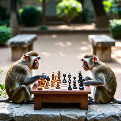 Two monkeys playing chess