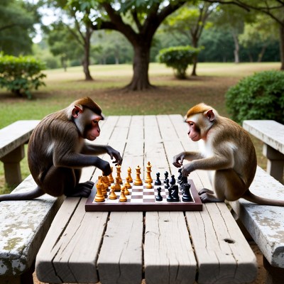 Two monkeys playing chess outdoors