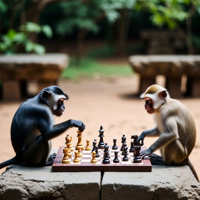 Monkeys playing chess outdoors