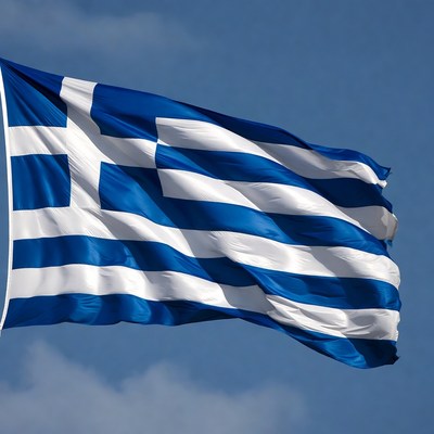 Greek flag waving in sky
