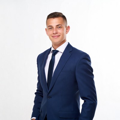 Young man in blue suit smiling