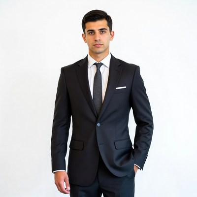 Man in black suit on white background