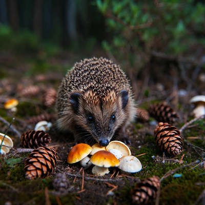 Hedgehog eating mushrooms in forest