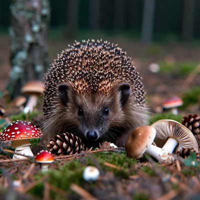 Hedgehog surrounded by mushrooms and pinecones