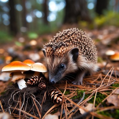 Hedgehog sniffing mushrooms forest floor