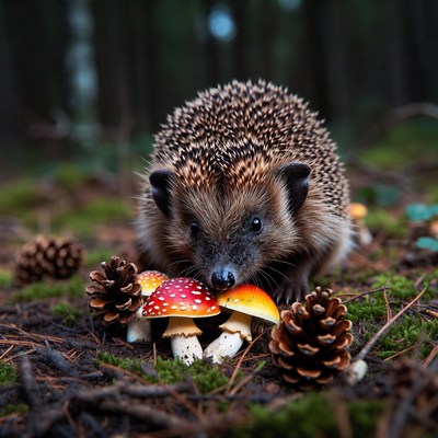 Hedgehog eating red mushrooms