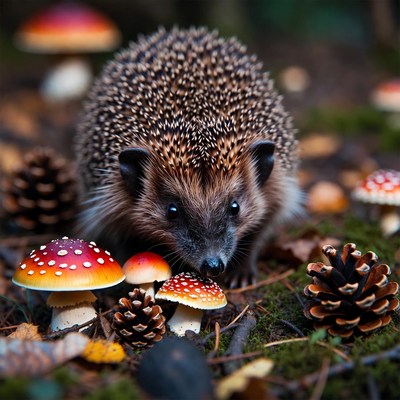 Hedgehog among red mushrooms