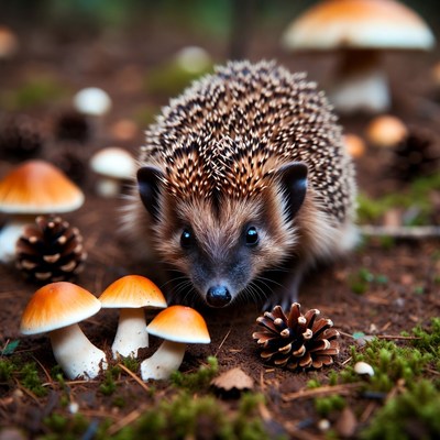 Hedgehog among mushrooms and pinecones