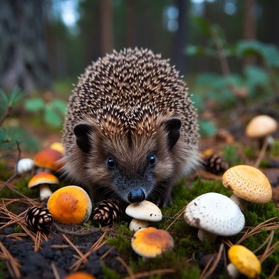 Hedgehog surrounded by mushrooms